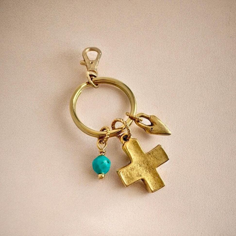Gold Cross Keychain Bag Charm Featuring Genuine Turquoise Beads and Gold Heart Charm