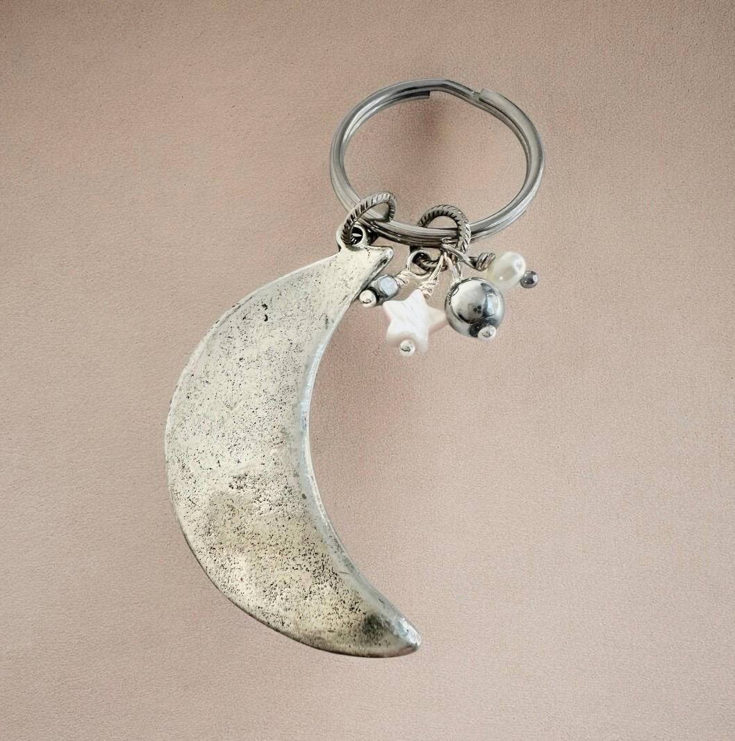 Silver Moon Keychain Bead Cluster Celestial Gift