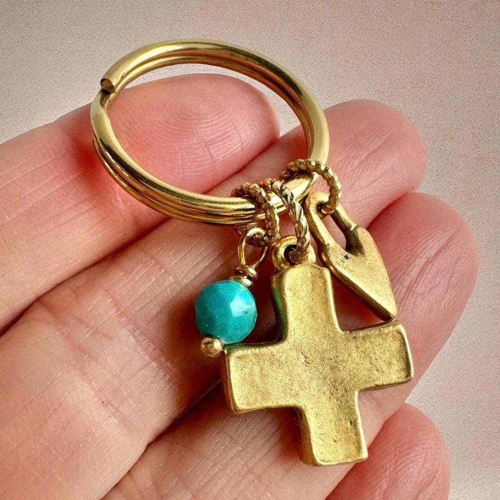 Gold Cross Keychain Bag Charm Featuring Genuine Turquoise Beads and Gold Heart Charm