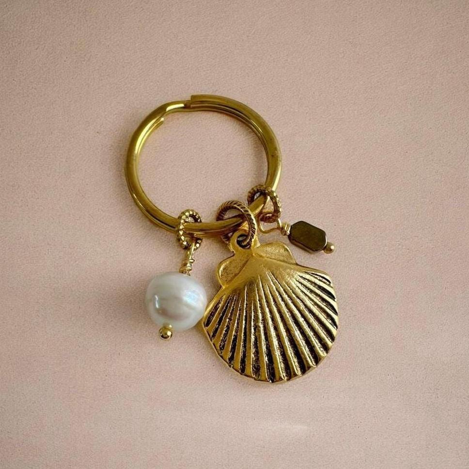Gold Seashell Jewelry Purse Charm with Pearl Bead Whimsical Ocean Gift For Beach Goers