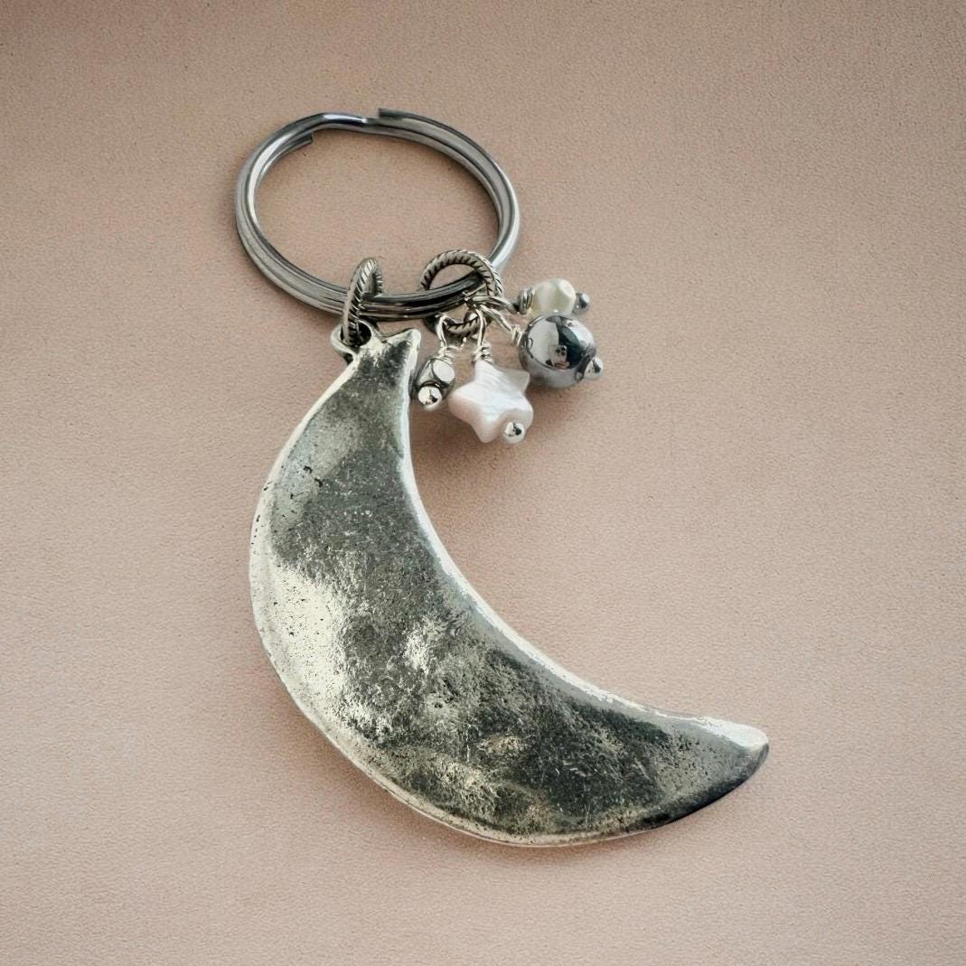 Silver Moon Keychain Bead Cluster Celestial Gift