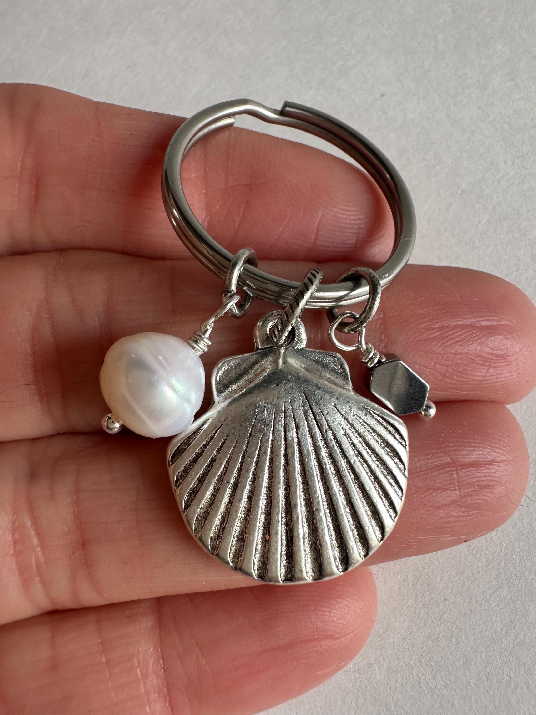 Silver Seashell Jewelry Purse Charm with Genuine Pearl Whimsical Ocean Gift