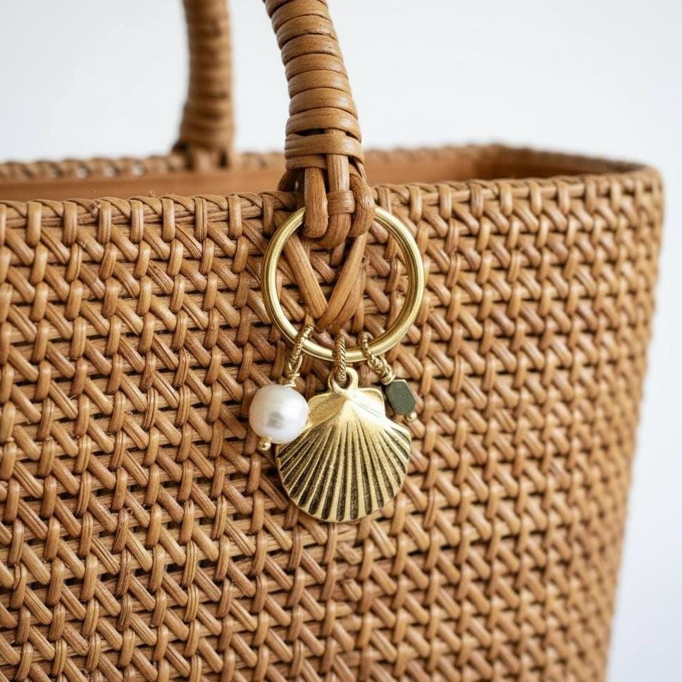 Gold Seashell Jewelry Purse Charm with Pearl Bead Whimsical Ocean Gift For Beach Goers