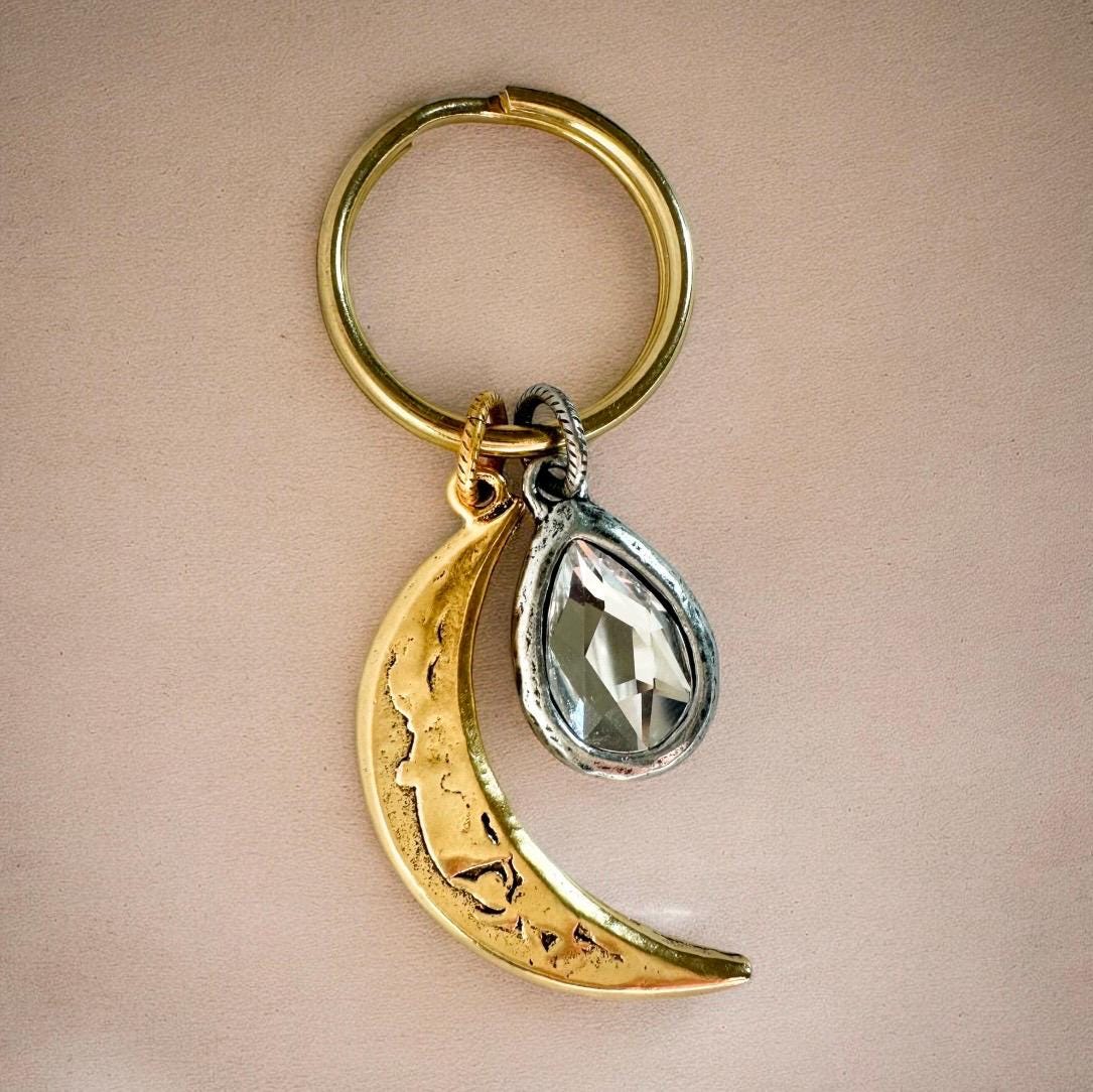 Gold Moon Bag Charm Keychain Whimsical Boho Jewelry Gift