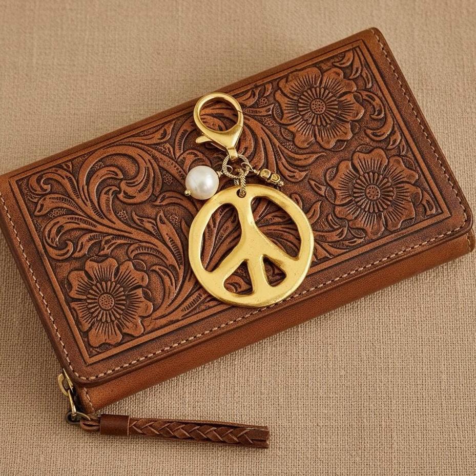 Gold Peace Sign Bag Charm Genuine Pearl Boho Bag Accessory