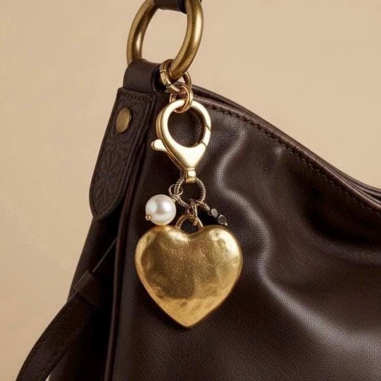 Gold Heart Bag Charm Genuine Pearl Jewelry Gift