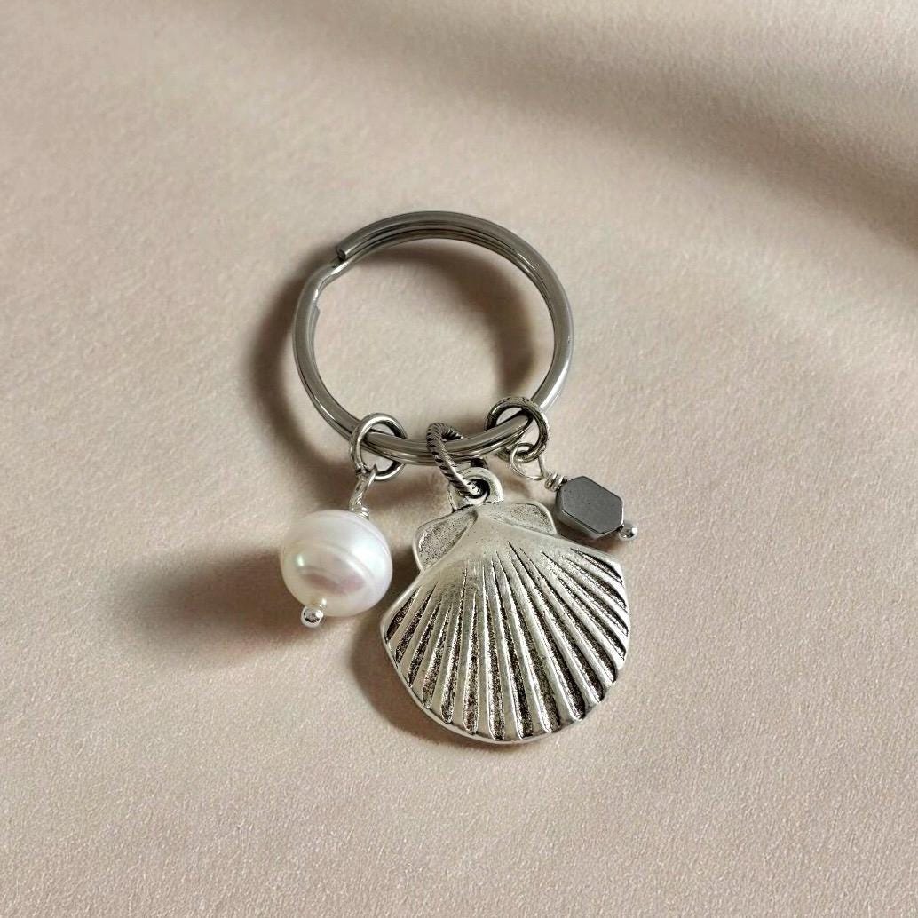 Silver Seashell Jewelry Purse Charm with Genuine Pearl Whimsical Ocean Gift