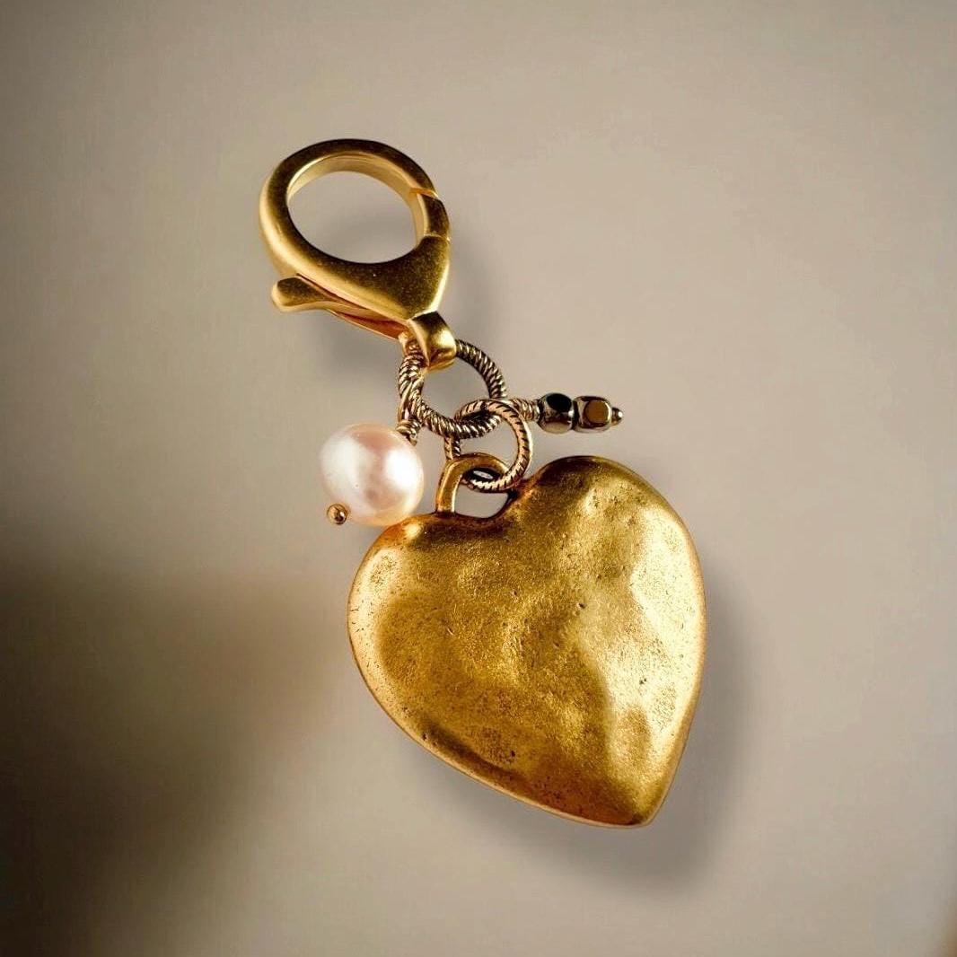 Gold Heart Bag Charm Genuine Pearl Jewelry Gift