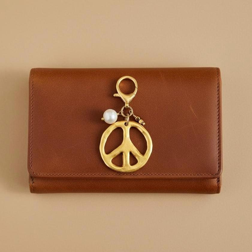 Gold Peace Sign Bag Charm Genuine Pearl Boho Bag Accessory