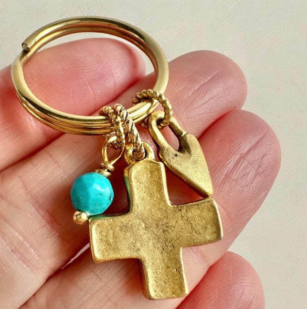 Gold Cross Keychain Bag Charm Featuring Genuine Turquoise Beads and Gold Heart Charm