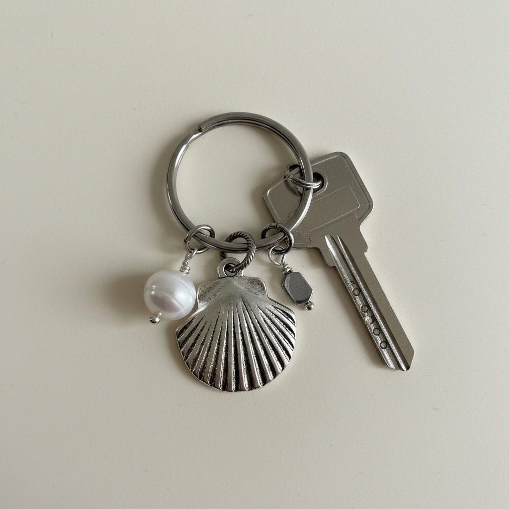 Silver Seashell Jewelry Purse Charm with Genuine Pearl Whimsical Ocean Gift