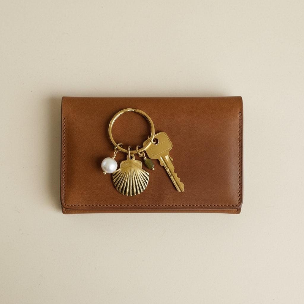 Gold Seashell Jewelry Purse Charm with Pearl Bead Whimsical Ocean Gift For Beach Goers