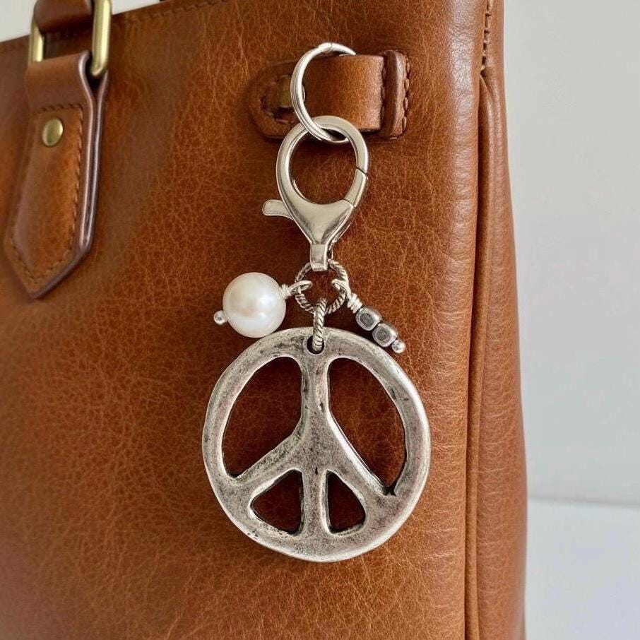 Silver Peace Sign Bag Charm Genuine Pearl Boho Bag Accessory