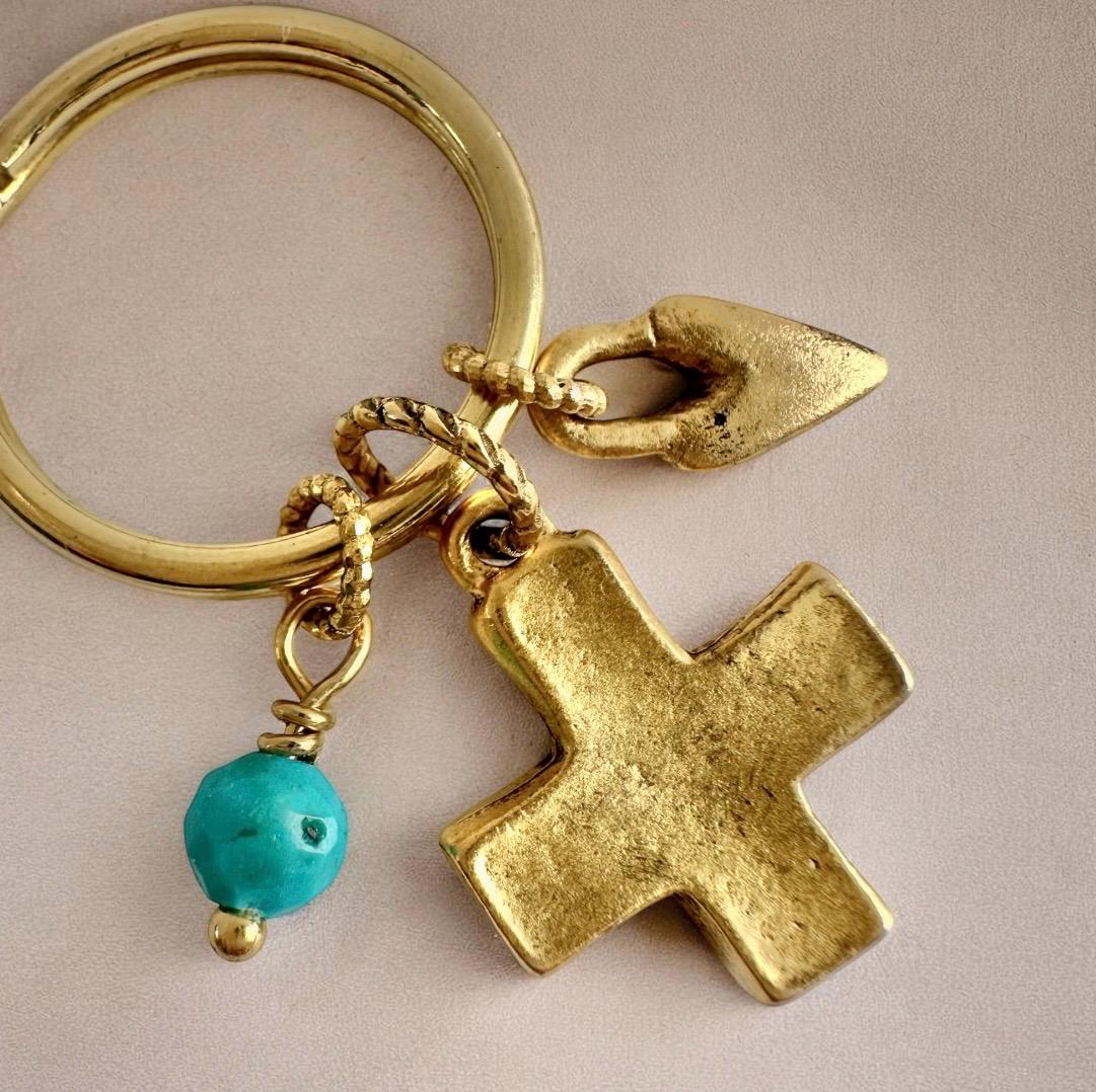 Gold Cross Keychain Bag Charm Featuring Genuine Turquoise Beads and Gold Heart Charm