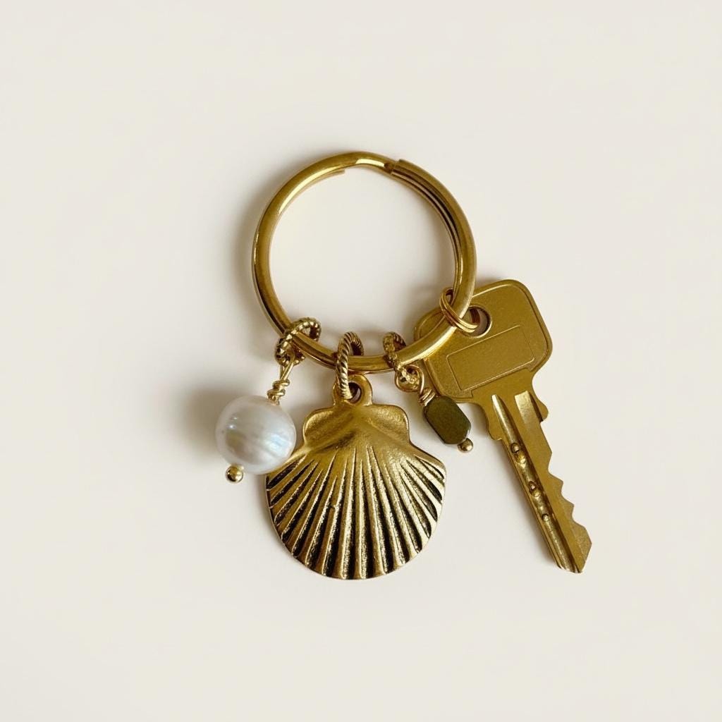 Gold Seashell Jewelry Purse Charm with Pearl Bead Whimsical Ocean Gift For Beach Goers