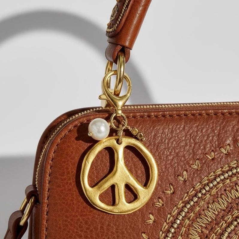 Gold Peace Sign Bag Charm Genuine Pearl Boho Bag Accessory
