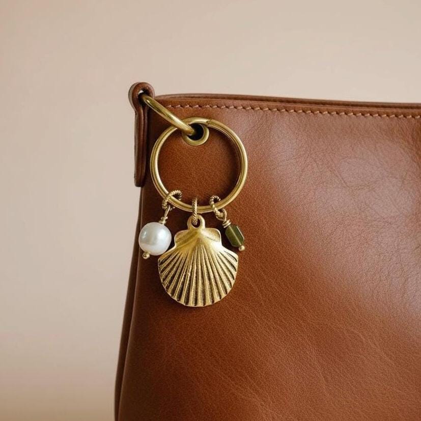 Gold Seashell Jewelry Purse Charm with Pearl Bead Whimsical Ocean Gift For Beach Goers