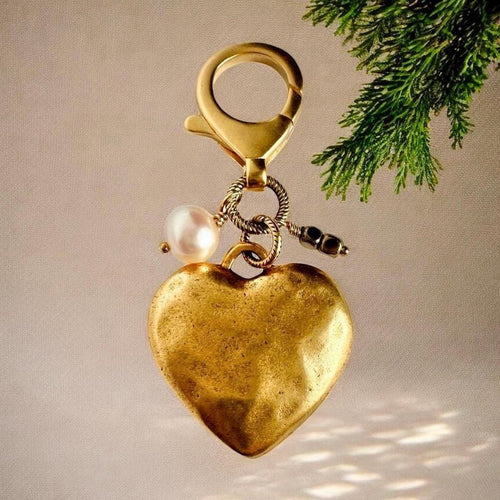 Gold Heart Bag Charm Genuine Pearl Jewelry Gift