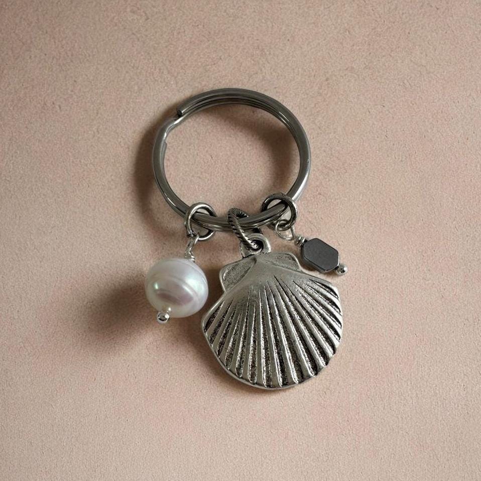 Silver Seashell Jewelry Purse Charm with Genuine Pearl Whimsical Ocean Gift
