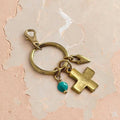 Gold Cross Keychain Bag Charm Featuring Genuine Turquoise Beads and Gold Heart Charm