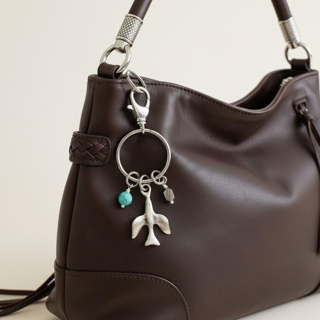 Silver Dove Keychain Purse Charm Genuine Turquoise Jewelry Gift for Her