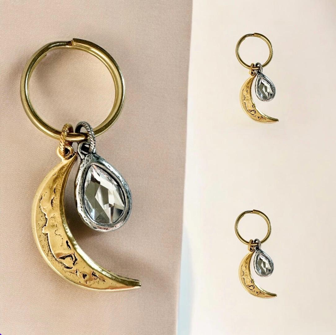 Gold Moon Bag Charm Keychain Whimsical Boho Jewelry Gift