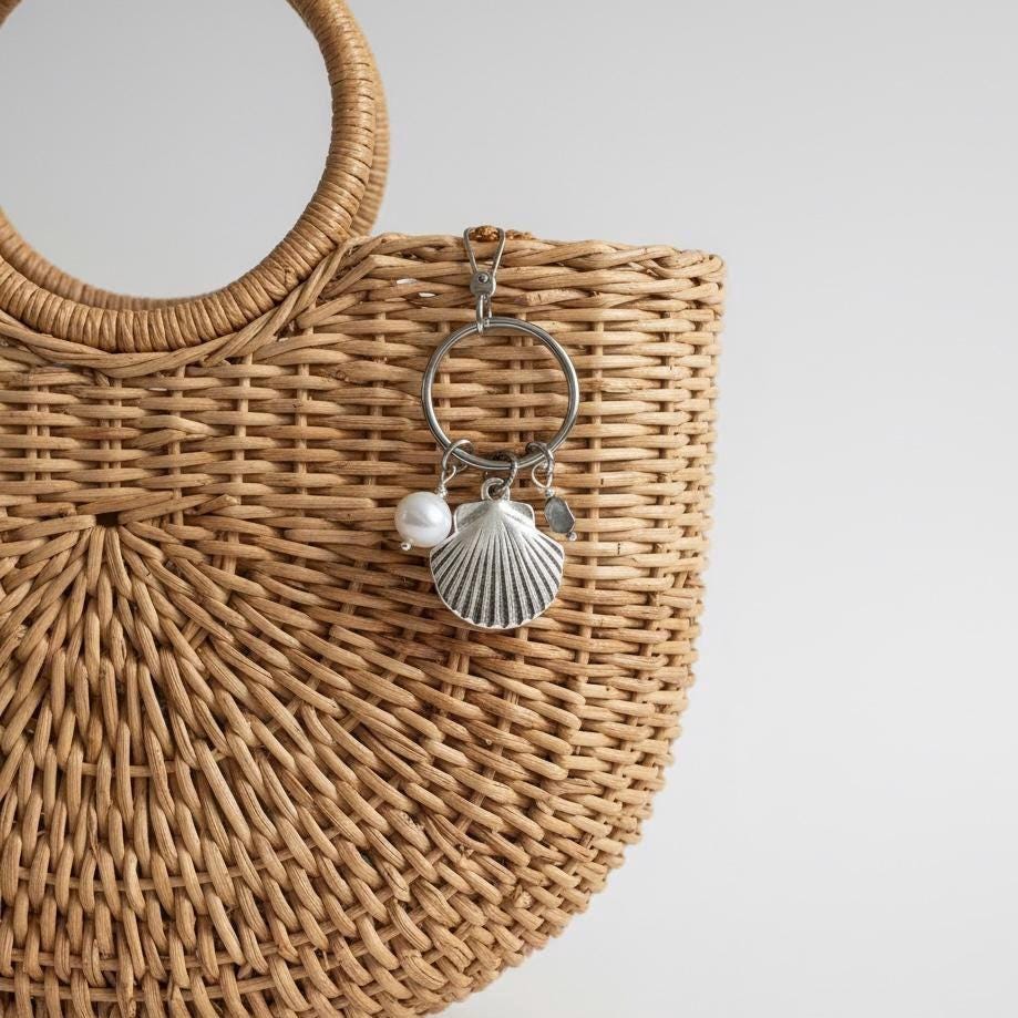 Silver Seashell Jewelry Purse Charm with Genuine Pearl Whimsical Ocean Gift