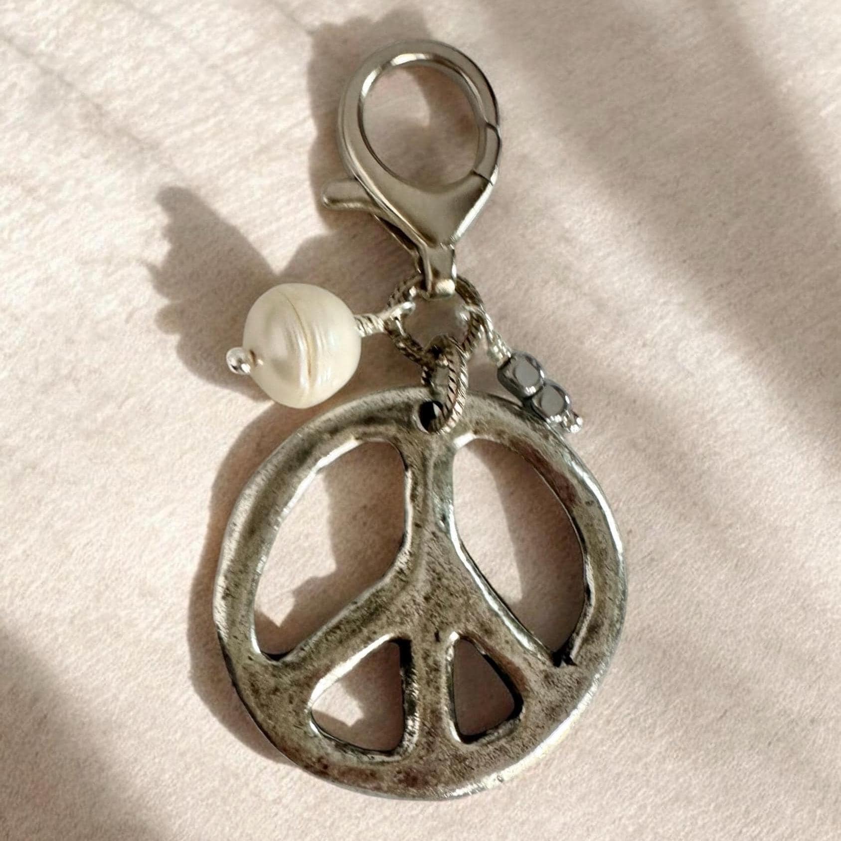 Silver Peace Sign Bag Charm Genuine Pearl Boho Bag Accessory