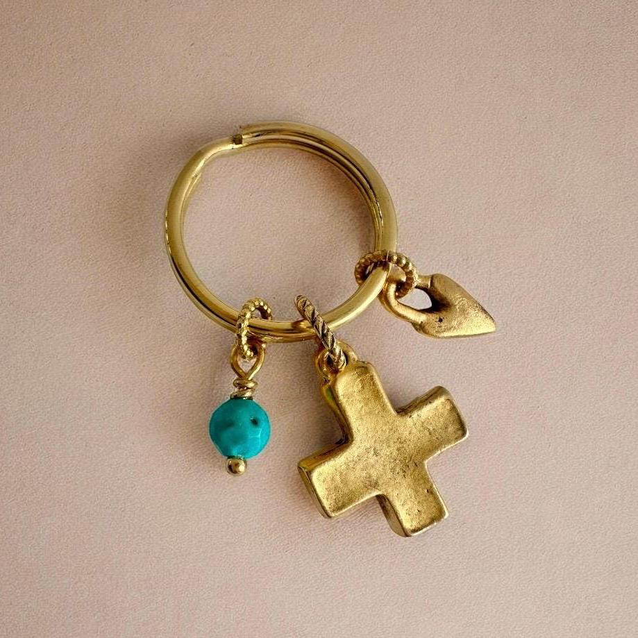 Gold Cross Keychain Bag Charm Featuring Genuine Turquoise Beads and Gold Heart Charm