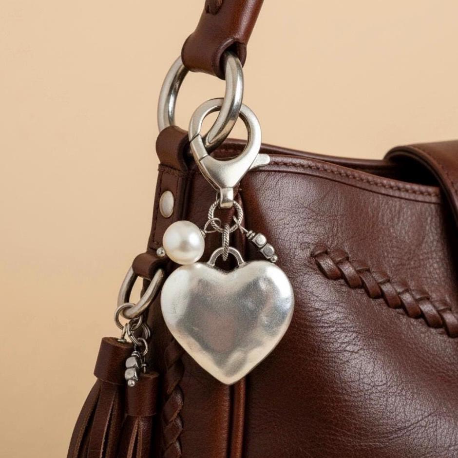 Silver Heart Bag Charm Pendant Genuine Pearl Jewelry Gift