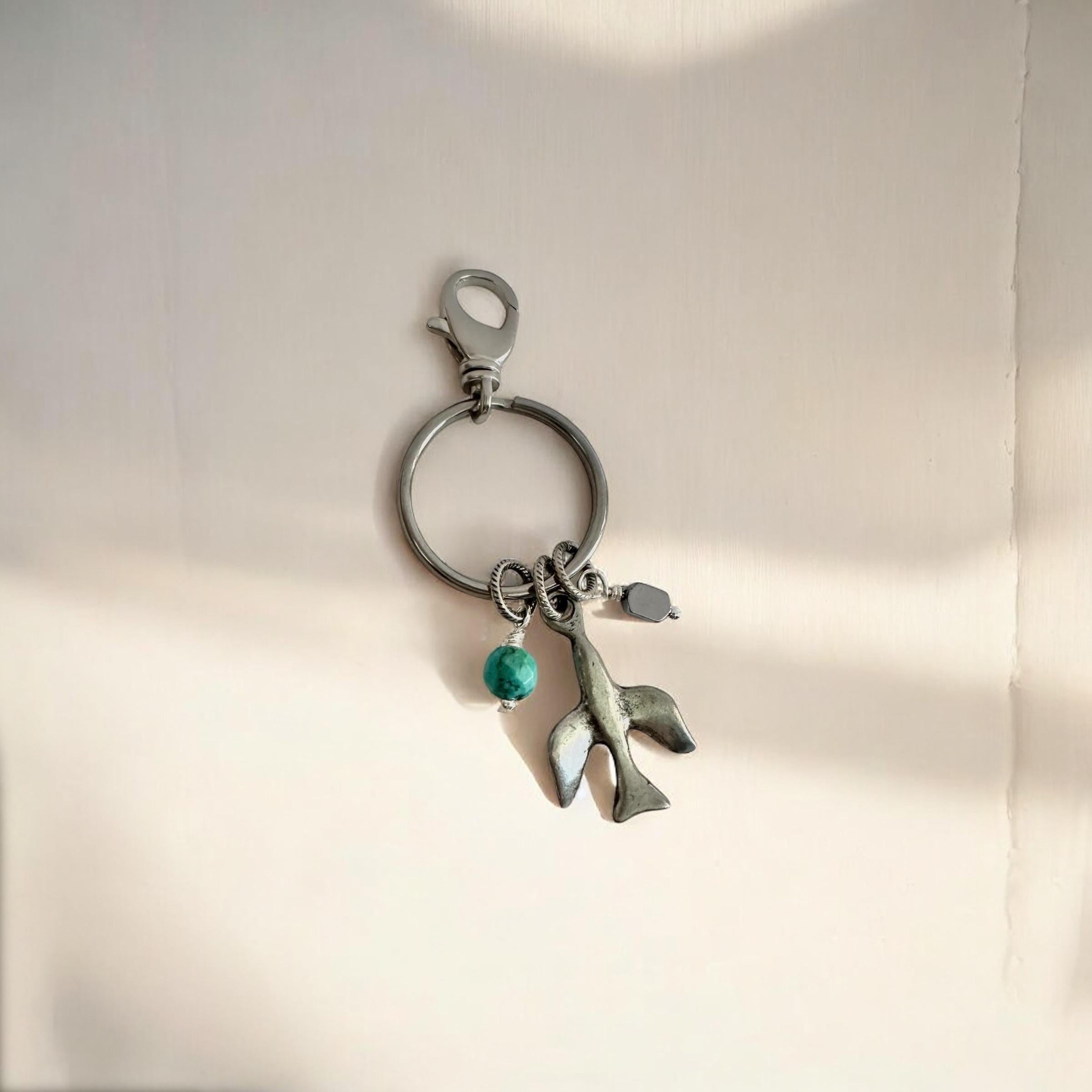 Silver Dove Keychain Purse Charm Genuine Turquoise Jewelry Gift for Her