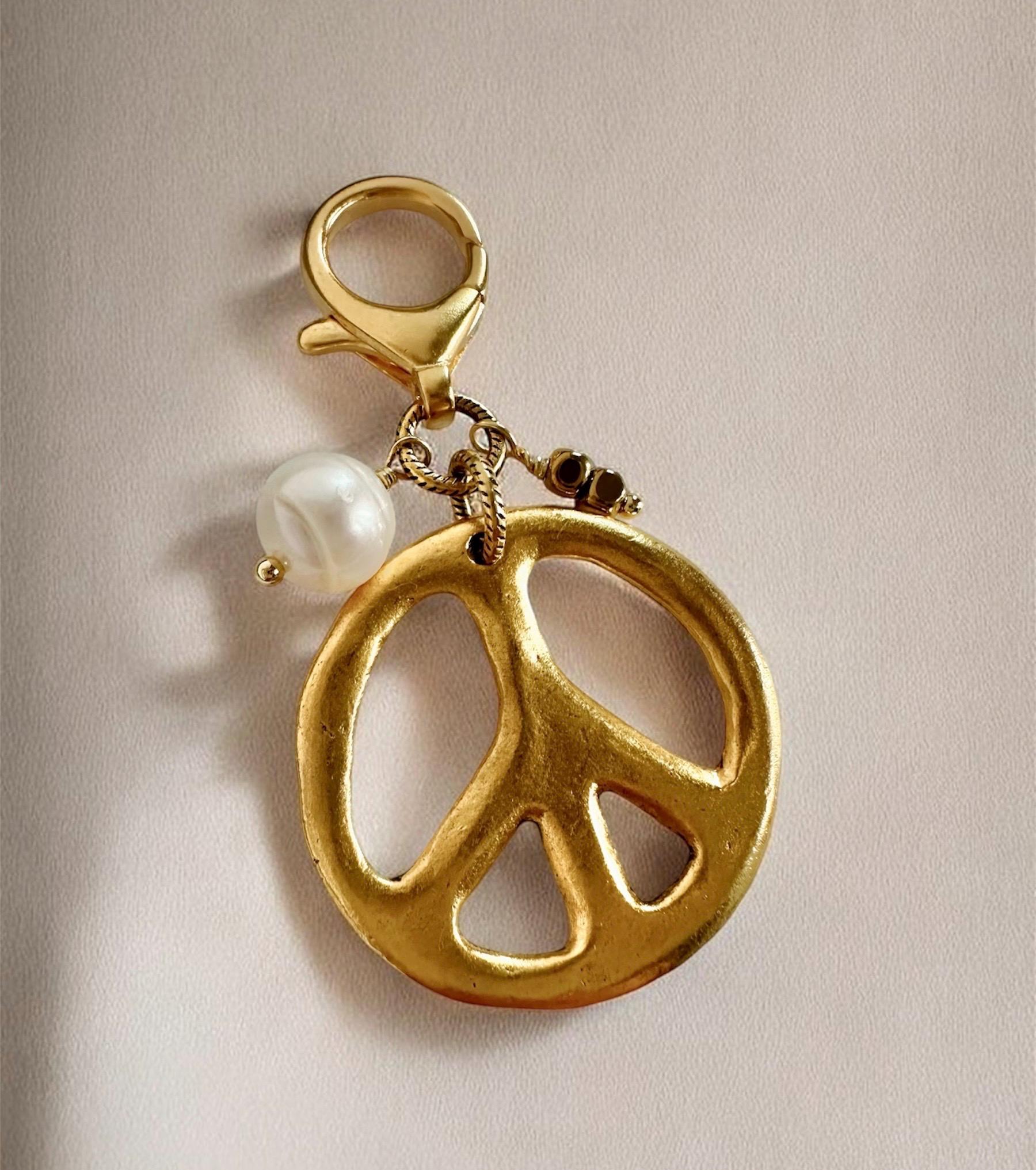 Gold Peace Sign Bag Charm Genuine Pearl Boho Bag Accessory