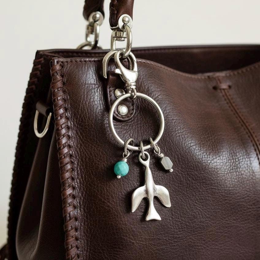 Silver Dove Keychain Purse Charm Genuine Turquoise Jewelry Gift for Her