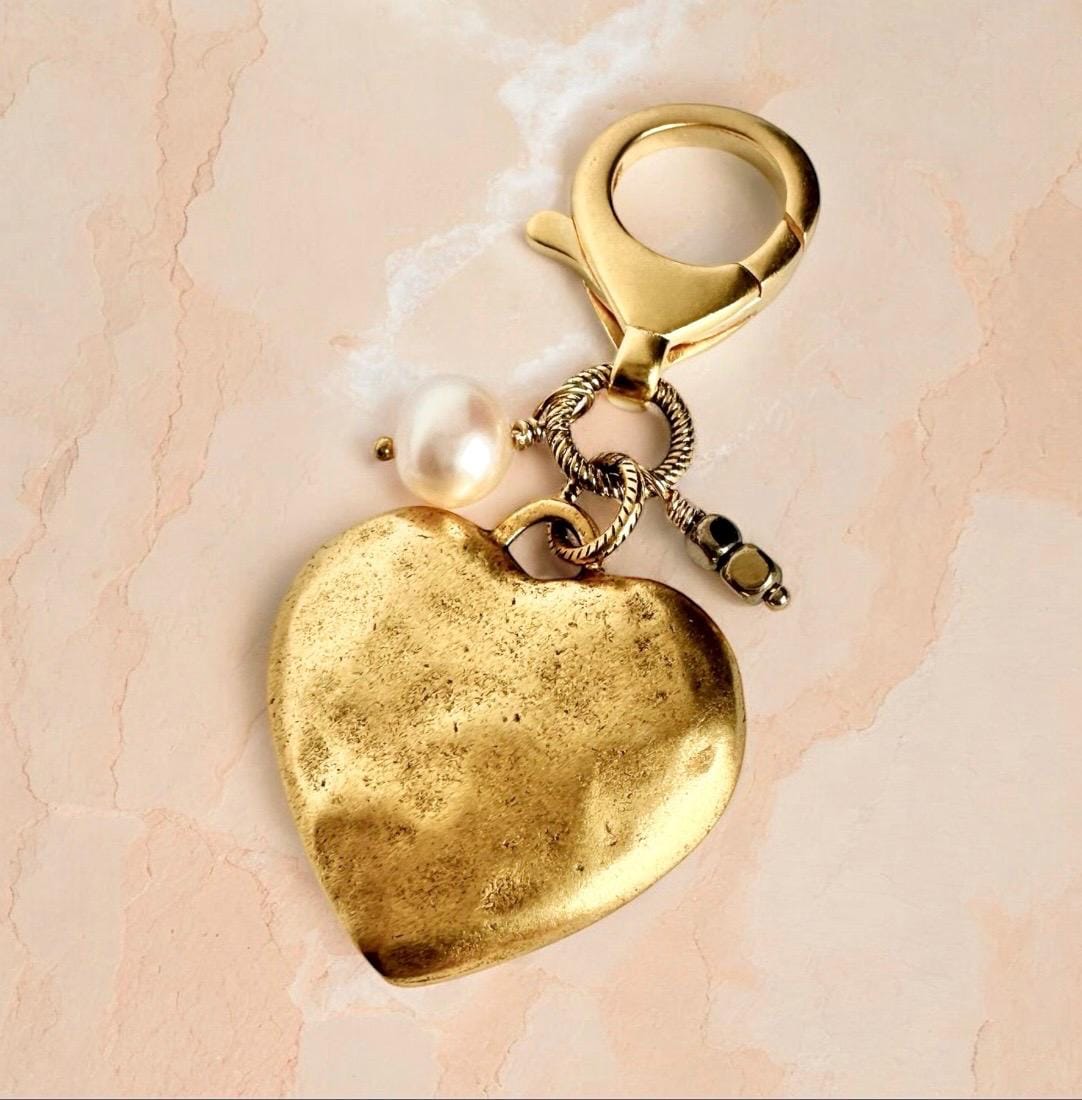 Gold Heart Bag Charm Genuine Pearl Jewelry Gift