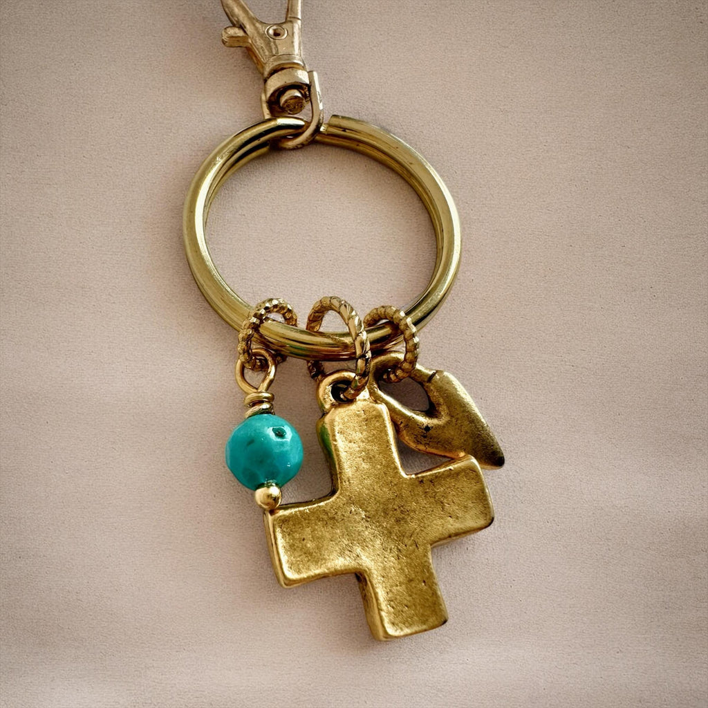 Gold Cross Keychain Bag Charm Featuring Genuine Turquoise Beads and Gold Heart Charm